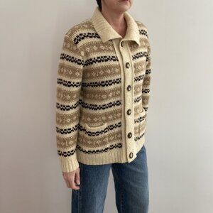 Vintage 1970s Fair Isle Wool Cardigan – Cream & Brown Knit, Women's M